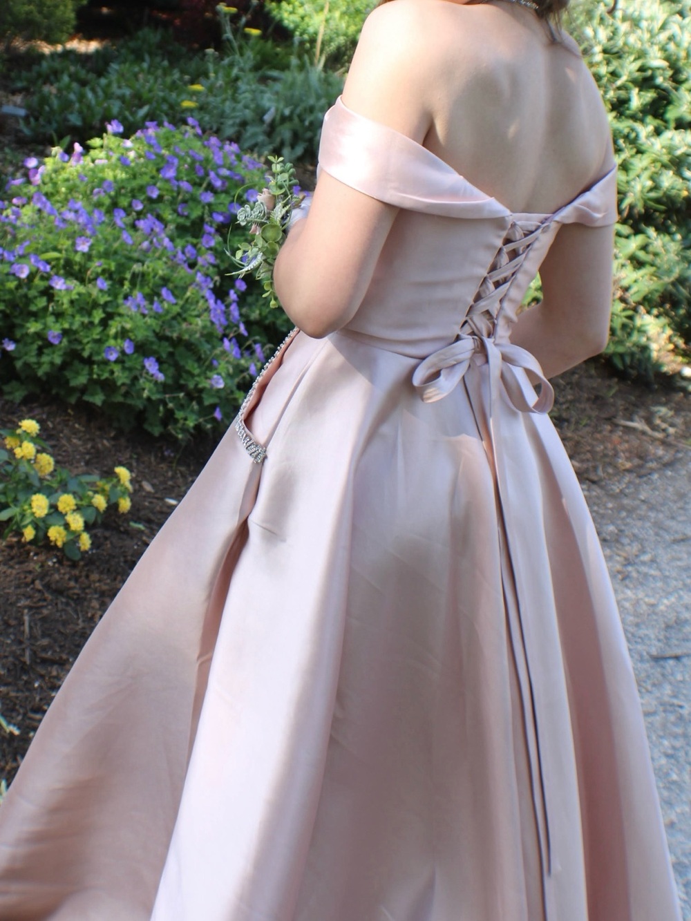 Off-Shoulder Pink Satin Prom Dress with Lace-Up Back